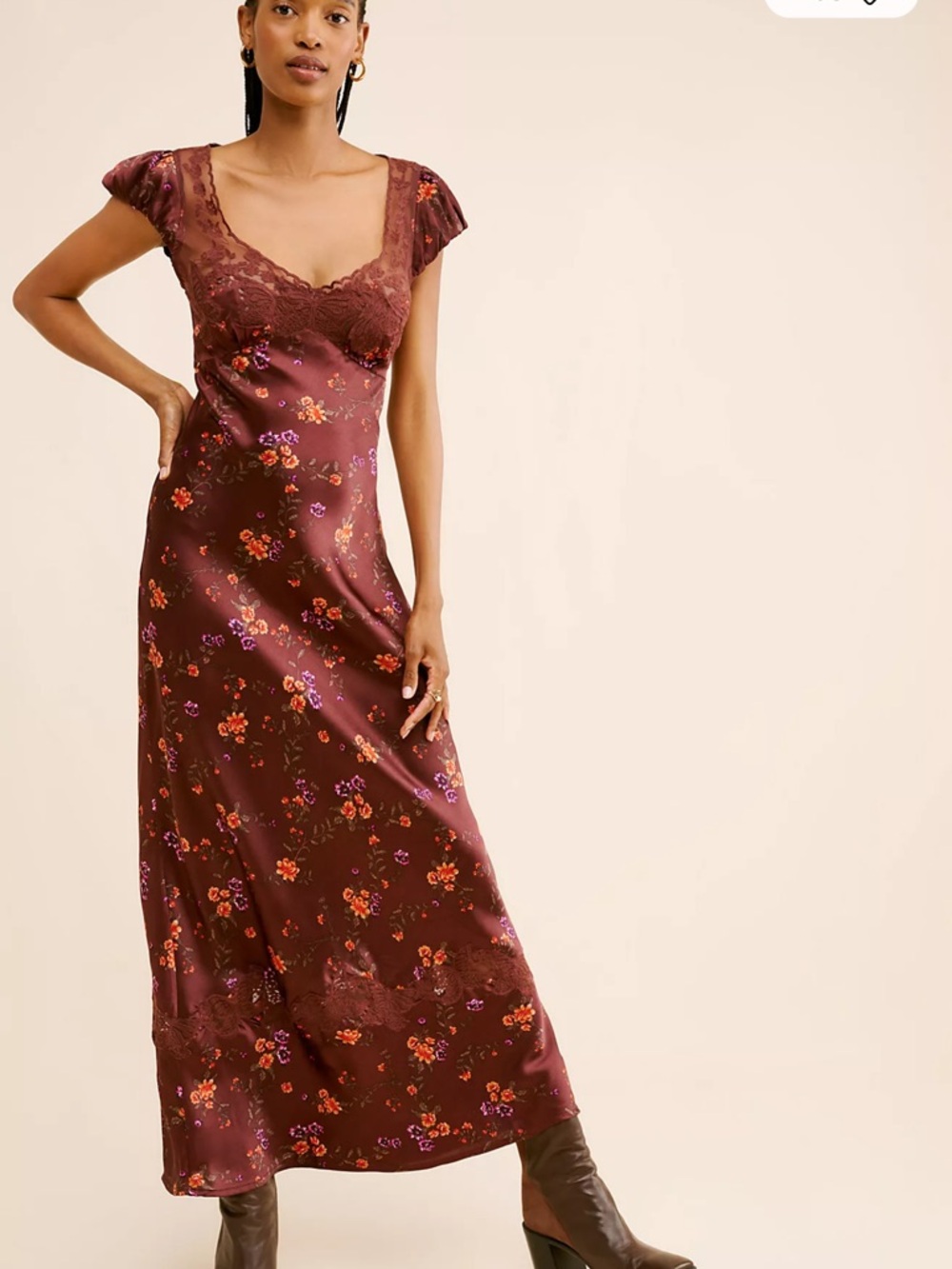 Free People Burgundy Floral Lace-Trim Satin Maxi Dress